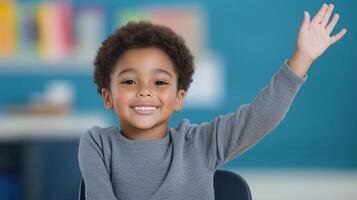 Smiling Child with Raised Hand in Classroom Setting Depicting Inclusivity and Engagement in Learning Environment with Positive and Happy Expression photo