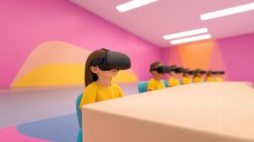 Augmented Reality in Classroom Education Students Engaged with Virtual Reality Headsets Learning in a Colorful Modern Setting for Creative Immersive Experiences photo