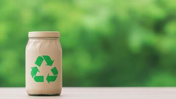 Glass Jar with Universal Recycling Symbol on Natural Green Background Illustrating Environmental Conservation and Sustainability for Eco-Friendly and Waste Management Concepts in Stock Photography photo