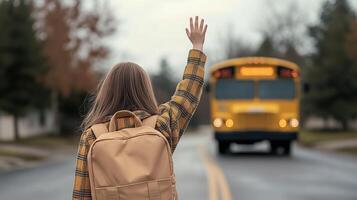 Schoolgirl Waving Goodbye to Yellow School Bus on Suburban Street in Autumn, Wearing Yellow Plaid Jacket and Tan Backpack, Education and Youth Transition Concept in Overcast Morning Light photo