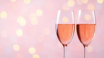 Elegant Home Dinner Toast with Sparkling Rose in Two Glasses Against Soft Bokeh Lights, Celebrating Intimate Moments in Style with a Romantic Atmosphere and Warm Ambiance photo