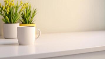 Minimalist Kitchen Countertop with White Coffee Mug and Yellow Flowers in Soft Natural Light photo