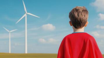 Young Boy in Red Cape Stands in Field Facing Wind Turbines Under Blue Sky Representing Future Generations Embracing Renewable Energy Concepts and Environmental Awareness. photo