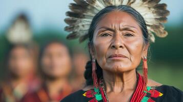 Indigenous Woman in Traditional Attire with Feathered Headdress Standing Peacefully in a Natural Setting on a Bright Day photo