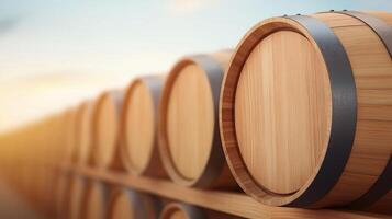 Rustic Wooden Wine Barrels Stacked in Sunlit Cellar for Craft Beverage Aging and Storage, Artisan Winery Concept with Warm Tones, Ideal for Vineyard Decor, Winery Marketing, Aged Wine Promotion photo