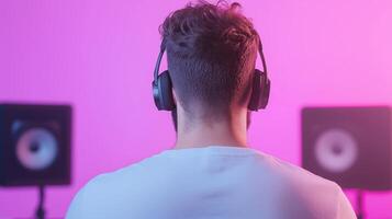Music Producer Working in Recording Studio with Headphones Focused on Digital Audio Production in Modern Creative Environment with Vibrant Pink and Purple Lighting for Artistic Inspiration photo