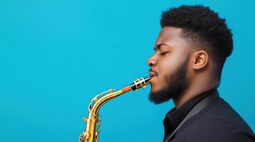 Close Up of Man Playing Saxophone with Focused Expression Against a Vibrant Blue Background in Studio Lighting for Musical Portrait Concept photo