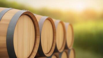 Rustic Wooden Wine Barrels Stacked in Cellar with Vintage Craft Beverage Theme in Warm Lighting, Highlighting Natural Wood Grain and Traditional Winemaking Techniques for Vineyard Ambiance photo