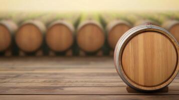 Wooden Wine Or Cognac Oak Barrel In Cool Cellar With Vintage Ambiance And Rustic Charm, Perfect For Distillery Branding And Culinary Arts Showcasing, Steeped In Tradition And Craftsmanship photo