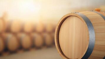 Oak Barrel in Cool Cellar with Warm Lighting Ambiance Perfect for Wine Aging or Cognac Storage Adding Rustic Charm and Rich Wooden Texture Ideal for Beverage Industry and Home Decor Use photo