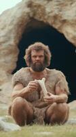 Prehistoric Caveman Holding Bone While Sitting in Front of Cave Entrance in Traditional Animal Skin Garment, Highlighting Early Human Lifestyle and Survival Concepts with Rugged Terrain photo