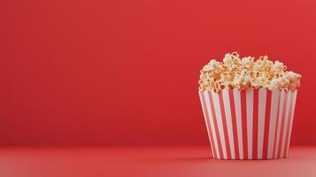 Cinematic Anticipation with Playful Popcorn in Striped Tub on Vibrant Red Backdrop Capturing the Joy of Movie Night in Minimalist 3D Style for Entertainment and Design Concepts photo