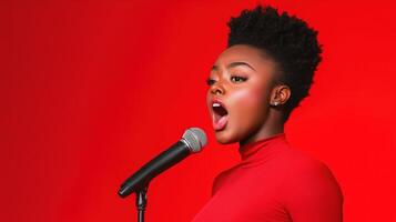 Confident Singer Performing Against Vibrant Red Backdrop Highlighting Cleft Palate Awareness and Empowerment in Artistic Expression and Overcoming Challenges in Vocal Performance photo