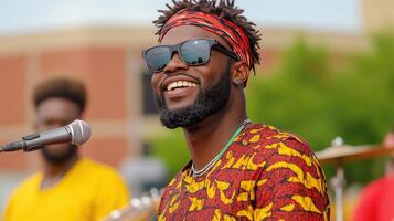African American Musician Singing Outdoors at Local Festival with Colorful Attire and Dreadlocks Performing on Stage with Microphone and Background Band Near Brick Building on Summer Day photo