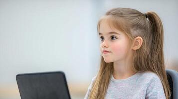 Young Girl Engaged with Tablet in Classroom Setting Learning Technology Education Child Focused Study photo