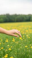 Hand Touching Yellow Wildflowers in Blooming Meadow Under Cloudy Sky in Springtime Tranquil Countryside photo