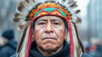 Indigenous Activist Peacefully Protesting in Traditional Feathered Headdress, Emphasizing Cultural Heritage and Native Rights Awareness, Highlighting Indigenous Identity and Peaceful Demonstration photo