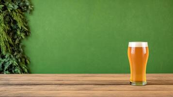 Row of craft beer glasses with varying colors on a wooden bar. Focus on foreground glass with green background. Concept of beer tasting and brewing. photo
