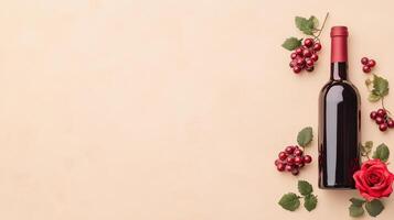 Wine Bottle with Red Roses and Grapes on Neutral Background Celebrating Valentine's Day with Romantic Floral Arrangement and Elegant Design for Holiday-Themed Concepts and Wine-Related Stock Photos