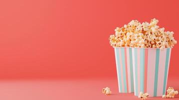 Cinematic Anticipation With Playful Popcorn Against Vibrant Coral Background For Advertising Platforms, Highlighting Cheerful And Nostalgic Elements In A Modern Style Scene photo