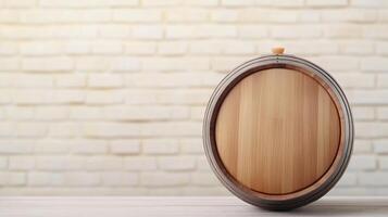 Wooden Wine or Cognac Oak Barrel on Wooden Table Against White Brick Wall in Distillery Cellar Perfect for Rustic Beverage and Winery Concepts photo