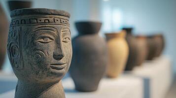 Ancient Artifacts Displayed in Museum for International Museum Day Highlighting Cultural Heritage and Diverse Historical Art with Focus on Ceramics in Modern Curatorial Setting for Education photo