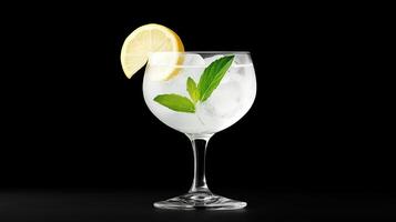 Refreshing Gin Tonic With Lemon Slice And Ice Cubes On Black Background Highlighting Elegance In Classic Drink Presentation For Modern Bar Concepts And Beverage Design Trends In 2023 photo