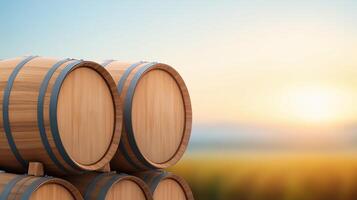 Wooden Wine Barrels Stacked in Vintage Cellar at Sunset Exhibiting Craft Beverage Production in Tranquil Vineyard Setting for Authentic Winery Presentation or Rustic Decor Use photo