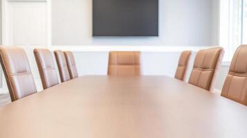 Modern Boardroom Interior With Long Wooden Table Leather Chairs Minimalist Design Bright Lighting Professional Business Setting photo