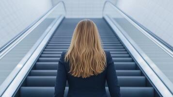 Businesswoman in Formal Attire Ascending Modern Escalator with Metallic Steps in Urban Office Environment Highlighting Professionalism and Success photo