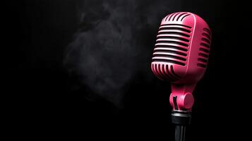 Retro Pink Microphone With Smoke Against Black Background Perfect For Music Performances, Podcasts, And Vintage Themes Capturing Aesthetic Atmosphere And Drama In A Studio Setting photo