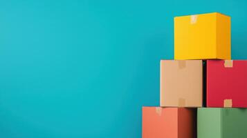 Colorful Cardboard Boxes Stacked Against Bright Blue Background for Shipping and Delivery Concept Highlighting Storage and Organization in Vibrant Minimalist Design with Bold Color Palette photo