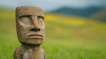 Ancient Stone Idol Standing In Lush Green Field With Mountains In Background Reflecting Cultural Heritage And Peruvian Tradition Under Moody Sky In Artistic Composition photo