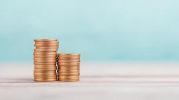Gold Coins Stacked on Light Wooden Surface Against Blue Background Symbolizing Investment and Wealth Management Inspiration Design photo
