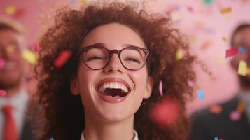 Joyful Group Celebration With Confetti Falling and Professionals Smiling in Festive Atmosphere for Workplace Event or Holiday Cheerful Gathering Happiness Dynamic Energy photo