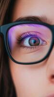 Close Up Portrait of Person Wearing Glasses with Reflective Lens Showing Digital Screen in Urban Setting for Modern Technology Concept photo