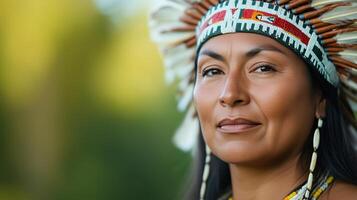 Portrait of a Two Spirit Person in Traditional Headdress Against Natural Background Highlighting Cultural Pride and Connection During Outdoor Event Celebrating Heritage and Identity photo