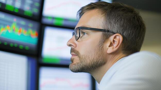 Financial Analyst Examining Stock Market Trends on Multiple Screens in Office Setting, Wearing Glasses, Focused Expression, Data-Driven Environment, Business Strategy, Technology Integration photo