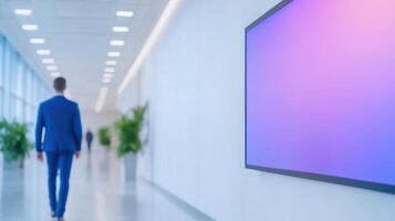 Modern Office Building Lobby Interior With Digital Screen Display And Business Professional Walking Away In Bright Minimalist Space With Green Plants And Natural Light photo