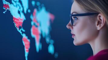 Professional Woman Analyzing Digital Global Map in an International Conference Setting Focused on Global Business Strategy and Data Visualization photo