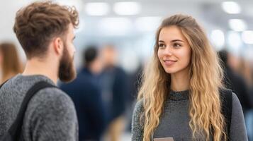 Conference Attendees Engaging in Networking in a Spacious Hall Setting with Modern Casual Attire and Open Floor Plan at Professional Event for Business Connections and Knowledge Exchange photo