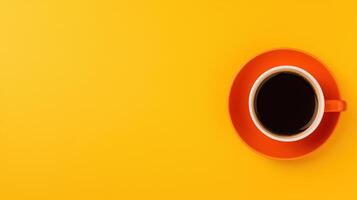 Orange Coffee Cup on Vibrant Yellow Background Minimalist Design with Black Coffee in Saucer Top View Kitchen Decor photo
