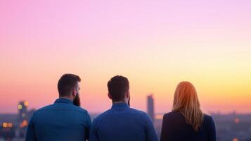 Entrepreneurs Collaborating on Rooftop at Sunset, Cityscape in Background, Creative Team Brainstorming New Ideas, Modern Business Concepts in Urban Setting, Professional Networking Event photo