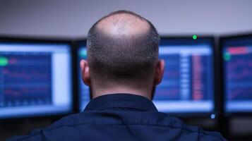 Analyzing Stock Market Data on Multiple Monitors in Dark Office Setting for Financial Insights and Investment Strategies photo