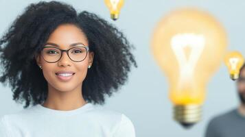 Team Brainstorming Session with Hanging Light Bulbs and Smiling Professional Woman in Focus photo