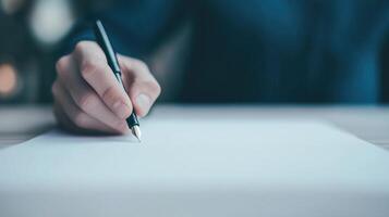 Close Up of Hand Signing Contract with Fountain Pen on Blank Paper photo