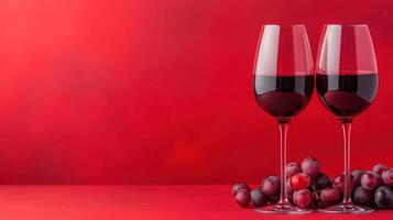 Elegant Red Wine Glasses With Grapes on Rich Red Background Perfect for Wine Tastings and Classy Celebrations photo