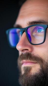 Close Up Portrait of Software Engineer with Glasses in Vertical Orientation Perfect for Technology and Innovation Stock Photography photo