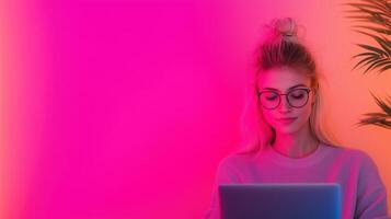 Young Female Entrepreneur Using Laptop in Cafe with Neon Pink Background, Emphasizing Creativity, Technology, and Modern Work Environment for Business Innovation and Urban Lifestyle photo