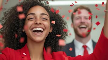 Joyful Professionals Celebrating Success with Red Confetti in Office Setting Symbolizing Teamwork Happiness and Achievement photo